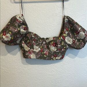 Forever 21 Brown and Red Puff Sleeve Crop Blouse